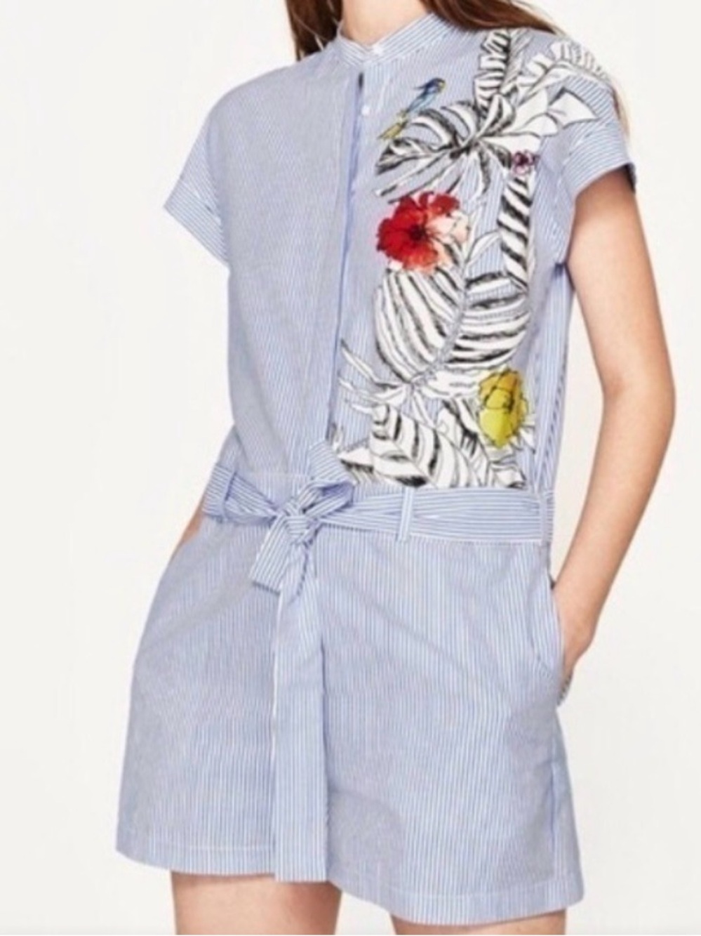 Zara Blue and White Striped Floral Romper